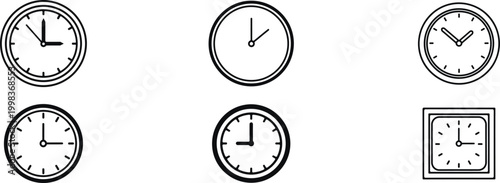 Six different clock faces illustration a variety of time displays in black and white