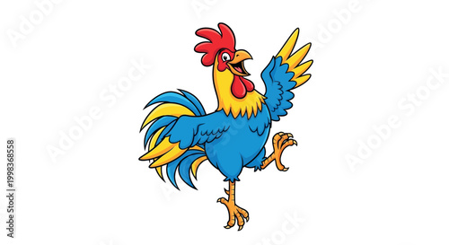 Colorful cartoon rooster in motion.