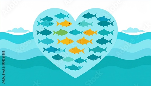 Colorful underwater fish heart shape in ocean waves vector illustration