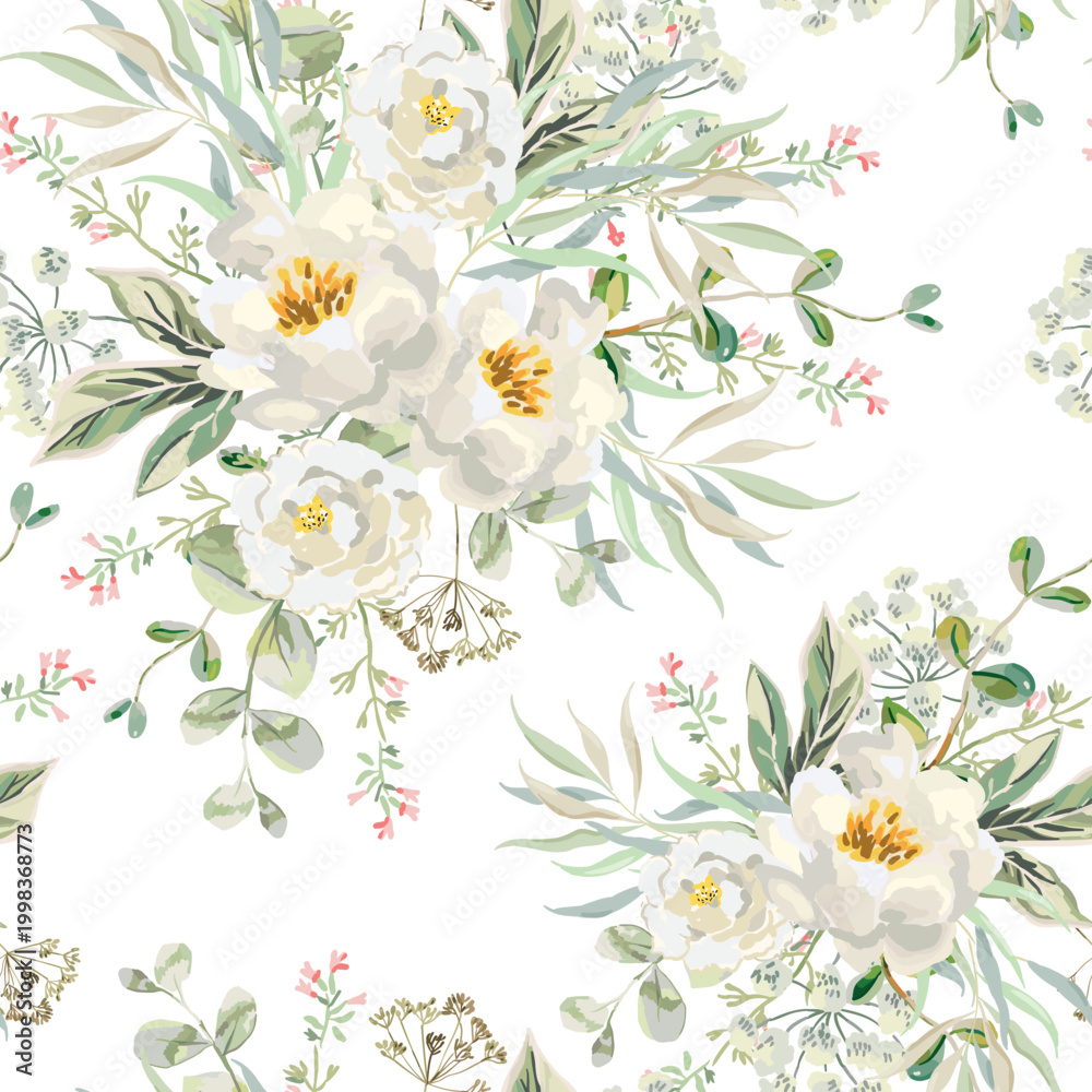 Obraz premium Peony, rose flowers, green leaves, greenery, white background. Floral illustration. Vector seamless pattern. Botanical design. Garden nature plants. Romantic wedding bouquets