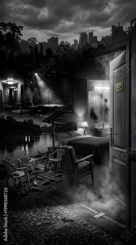 Surreal black and white conceptual art of an open door leading from a bedroom into a dark, foggy landscape with a city skyline.