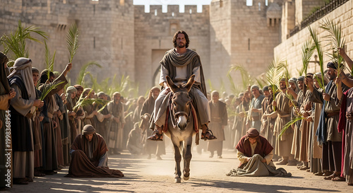 Biblical depiction of Jesus Christ riding a donkey during the Palm Sunday procession into Jerusalem, portraying the sacred entrance of the Messiah in a historic spiritual and religious scene.