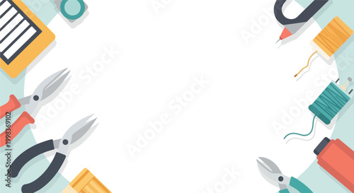 A flat-style vector illustration depicts crafting and repair tools like pliers and thread spools bordering a central white space for copy.
