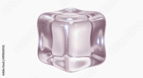 The image shows a shiny clear ice cube on a plain white background.