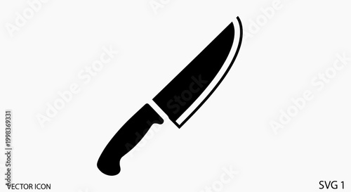 A sharp kitchen knife lies on a clean surface with its blade pointing upwards.