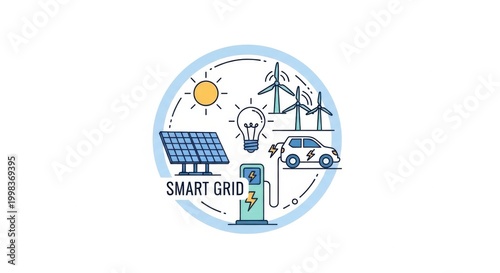 Smart grid concept illustration with solar panels, wind turbines, electric vehicle charging station and light bulb