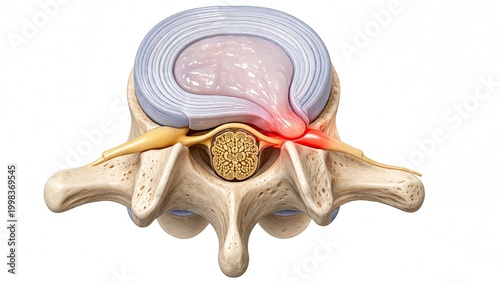 Herniated disc in human spine with nerve compression highlighted in red isolated on white background