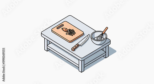 An isometric illustration of a kitchen table with a cutting board, knife, and bowl of food