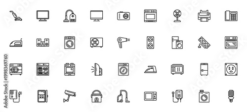 Household appliances icon set. Vector illustration pack featuring vacuum cleaner, TV, oven, fridge, washing machine, microwave, fan, iron and more. Editable stroke.