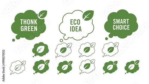 Eco-Friendly Thoughts and Choices: An array of eco-themed speech bubbles, each adorned with a leaf, promote concepts like 'Think Green,' 'Eco Idea,' and 'Smart Choice.