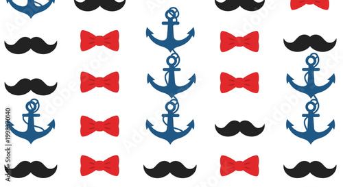 Nautical Pattern Seamless Background with Anchors Bow Ties and Mustaches