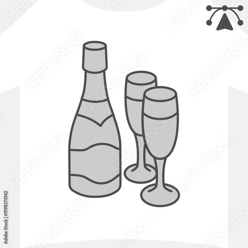 Bottle of champagne and glasses isometric icon, bar drinks concept. Vector graphics. Bottle of sparkling wine sign and editable stroke, outline style icon for mobile or web design.
