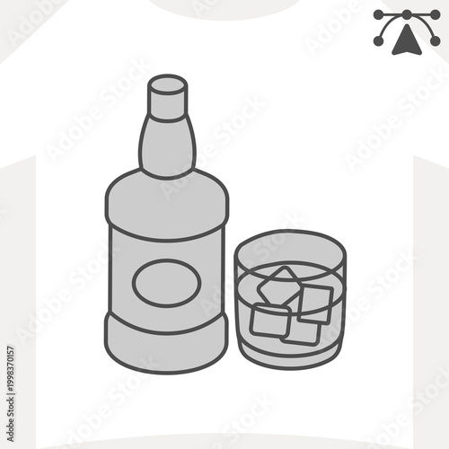 Whiskey bottle and glass with ice cubes isometric icon, bar drinks concept. Vector graphics. Chilled bourbon glass sign and editable stroke, outline style icon for mobile or web design.