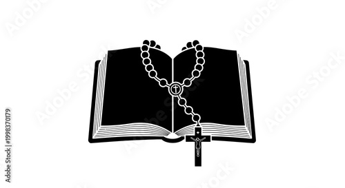 Open Bible with Rosary Beads and Cross Icon, Religious Symbol, Minimalist Background