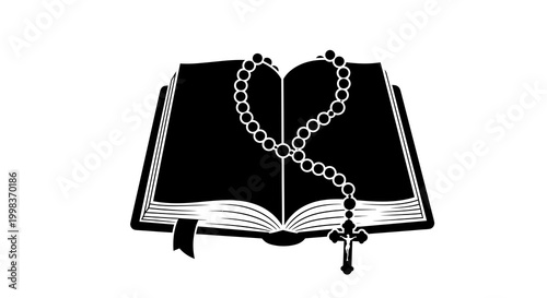 Open Holy Bible with Rosary Beads Forming Heart Shape on Minimalist Background