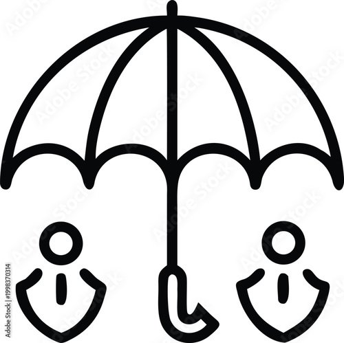 Insurance umbrella icon protecting people, black line vector illustration of life coverage and financial security, business protection concept