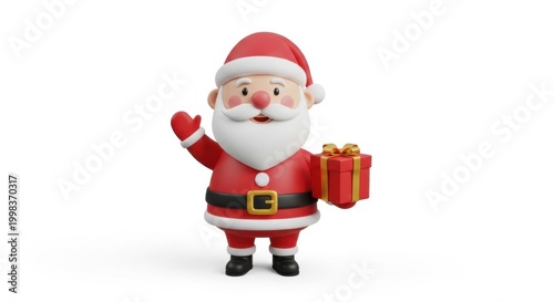 A cute 3d cartoon santa claus character waving and holding a red gift box, isolated on white background
