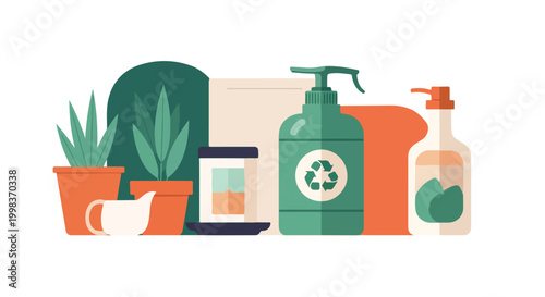 Minimalism vector graphic featuring sustainable products, recycling symbols, and potted plants to represent a green and natural home environment.