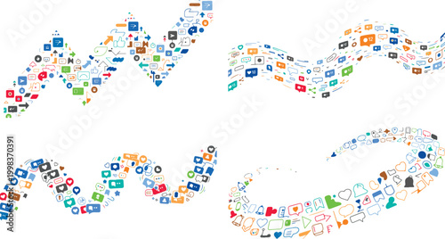 Colorful social media icons in wavy lines on white background