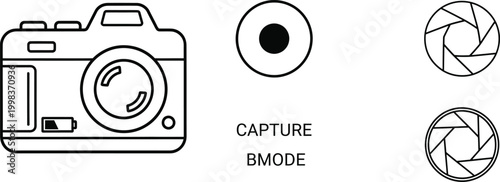 Black and white illustration of a camera with lenses and related elements