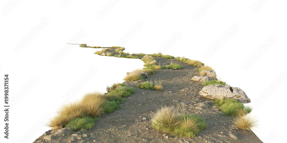 Naklejka premium Winding Dirt Path with Grass, Rocks and Vegetation Isolated on Transparent Background. 3D rendering.