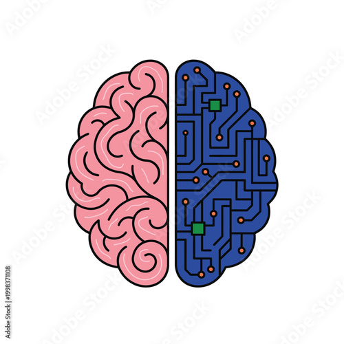 A split brain illustration shows a pink organic half and a blue circuit board half side by side.