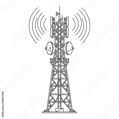 A telecommunications tower stands tall emitting signals in the environment