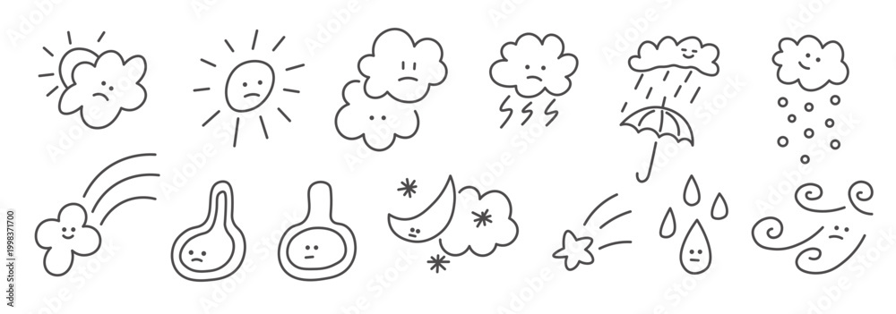 Obraz premium weather forecast set in doodle style in vector. Element for design advertisement mail posts poster print postcard banner decor backgrounds