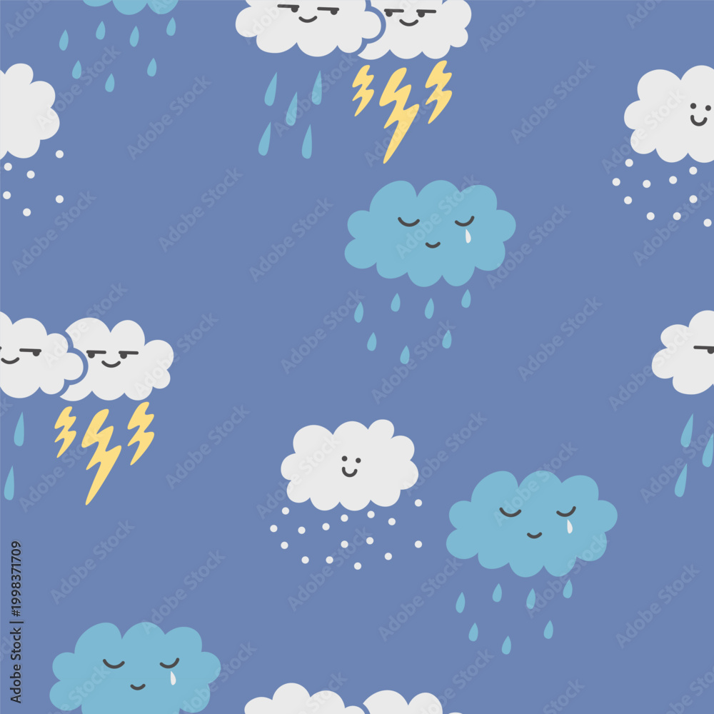 Fototapeta premium Seamless pattern with rainy clouds in doodle style.Element for decoration design mail posts postcards poster print invitation background backdrop wrapping wallpaper banner textile