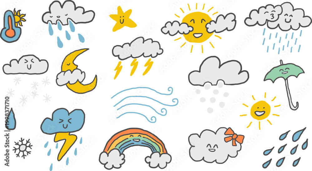 Fototapeta premium weather forecast set in hand drawn style in vector. Element for design advertisement mail posts poster print postcard banner decor backgrounds