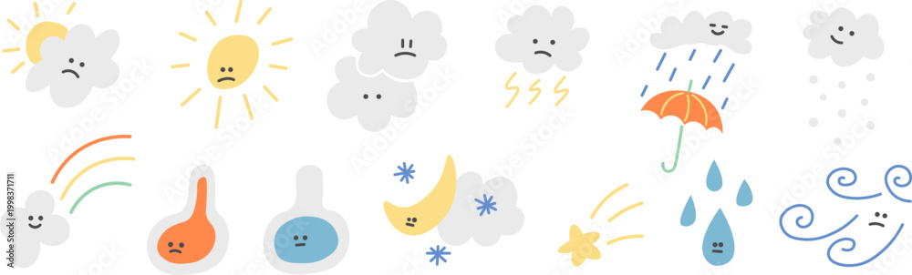 Fototapeta premium weather forecast set in doodle style in vector. Element for design advertisement mail posts poster print postcard banner decor backgrounds