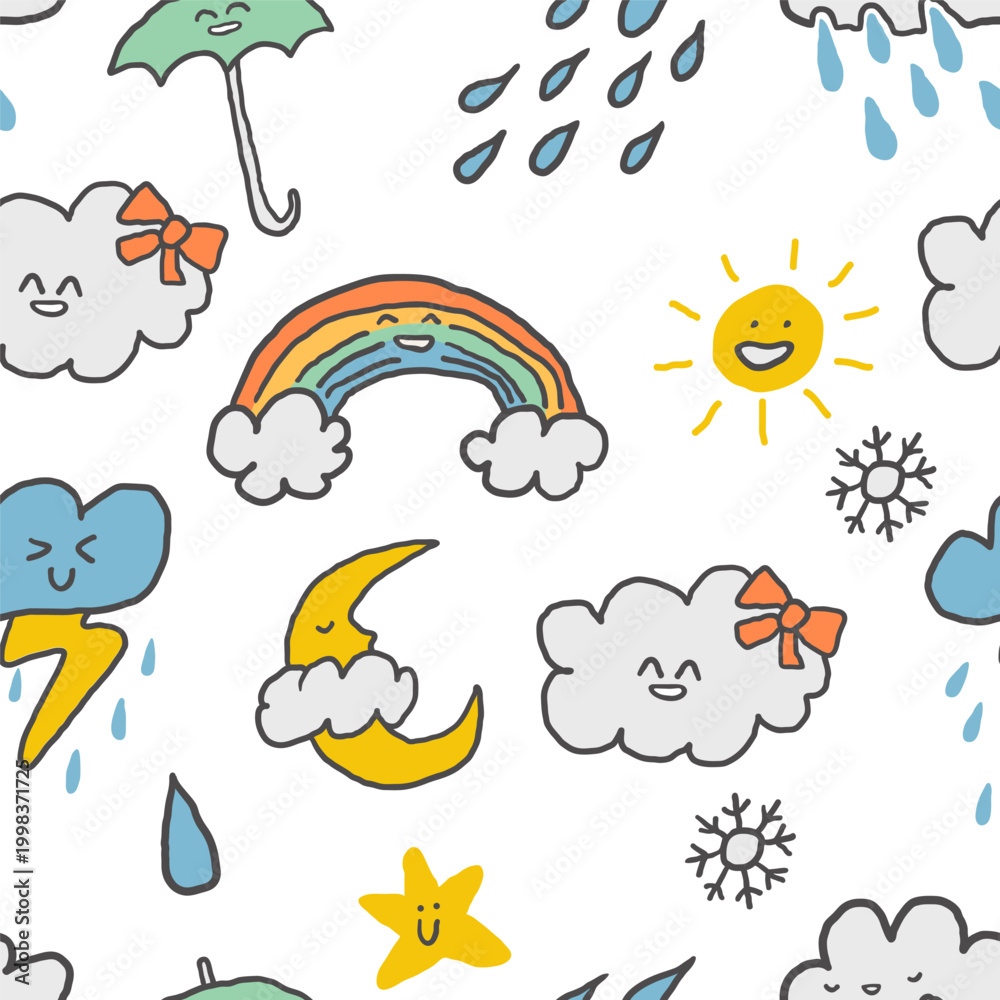Fototapeta premium Seamless pattern with weather symbols in hand drawn style.Element for decoration design mail posts postcards poster print invitation background backdrop wrapping wallpaper banner textile