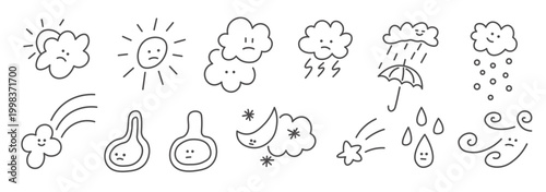 weather forecast set in doodle style in vector. Element for design advertisement mail posts poster print postcard banner decor backgrounds