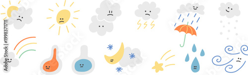 weather forecast set in doodle style in vector. Element for design advertisement mail posts poster print postcard banner decor backgrounds