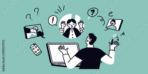 illustration of person interacting with digital devices and communication elements