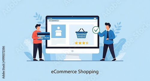 Two men are standing next to a large computer monitor displaying eCommerce shopping cart and profile page with one holding a tablet and the other a checklist