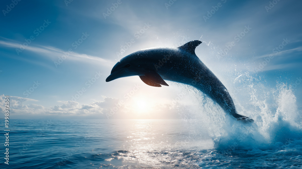 Fototapeta premium Dynamic dolphin jump over ocean with sunburst