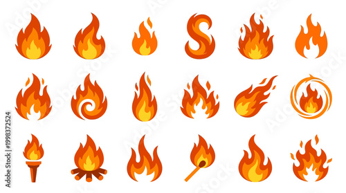 Collection of stylized flame icons and symbols representing fire in various forms and intensities, perfect for digital design