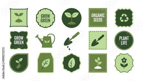 Eco-Friendly Gardening Icons: A collection of charming, hand-drawn icons featuring essential gardening tools, sprouting plants, and eco-friendly symbols, all in a delightful green palette.