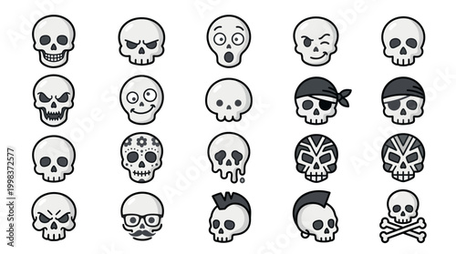 A collection of diverse skull icons, featuring various expressions and styles, perfect for graphic design and creative projects