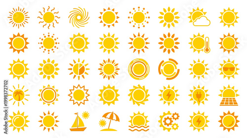 Extensive vector sun icon collection, illustrating diverse weather conditions, summer leisure, energy concepts, and abstract designs, ideal for modern graphic interfaces