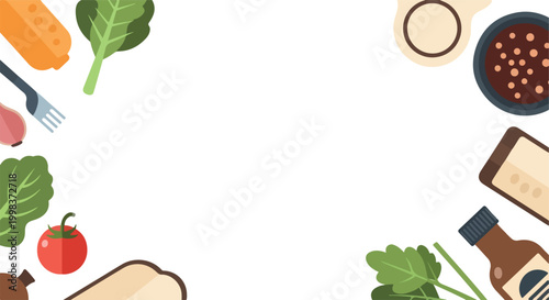 Vibrant food-themed vector graphic featuring fresh vegetables, bread, and kitchen tools forming a decorative frame around a central white area.