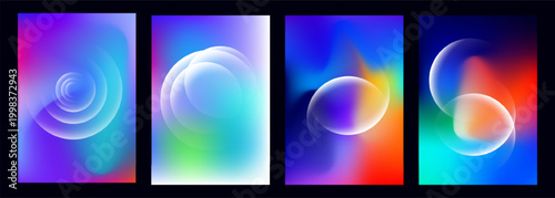 Abstract set of four vertical backgrounds with glowing circular shapes and vibrant gradient colors Vector