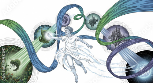 Abstract representation of a human figure surrounded by swirling energy and cosmic elements.