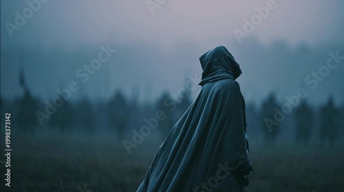 Medieval warrior standing before battle, cloak blowing in cold morning wind, distant army blurred behind, cinematic composition capturing tension, anticipation, and heroic atmosphere.
