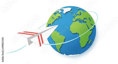 Airplane flying around the planet Earth with a circular path.