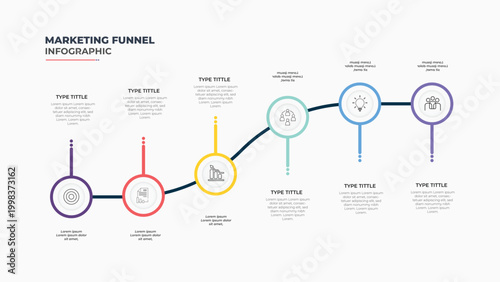 Marketing funnel infographic layout with six colorful stages for business planning customer journey workflow data analysis and presentation template