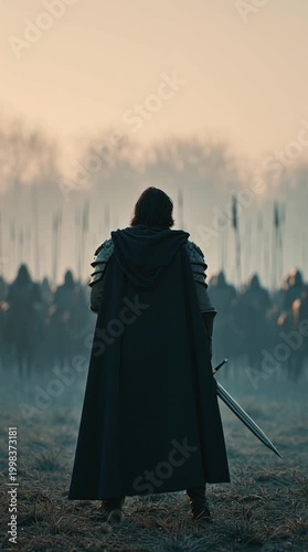 Medieval warrior standing before battle, cloak blowing in cold morning wind, distant army blurred behind, cinematic composition capturing tension, anticipation, and heroic atmosphere.