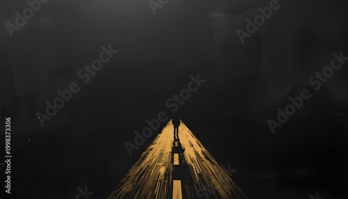 Lonely silhouette standing on bright illuminated golden path in dark smoky background conceptual life journey metaphor