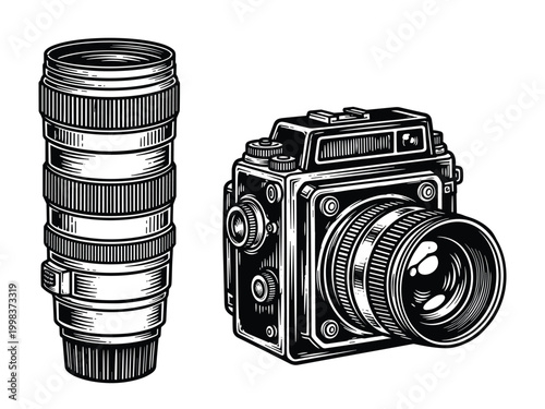 Vintage medium format camera and zoom lens isolated vector illustration design.